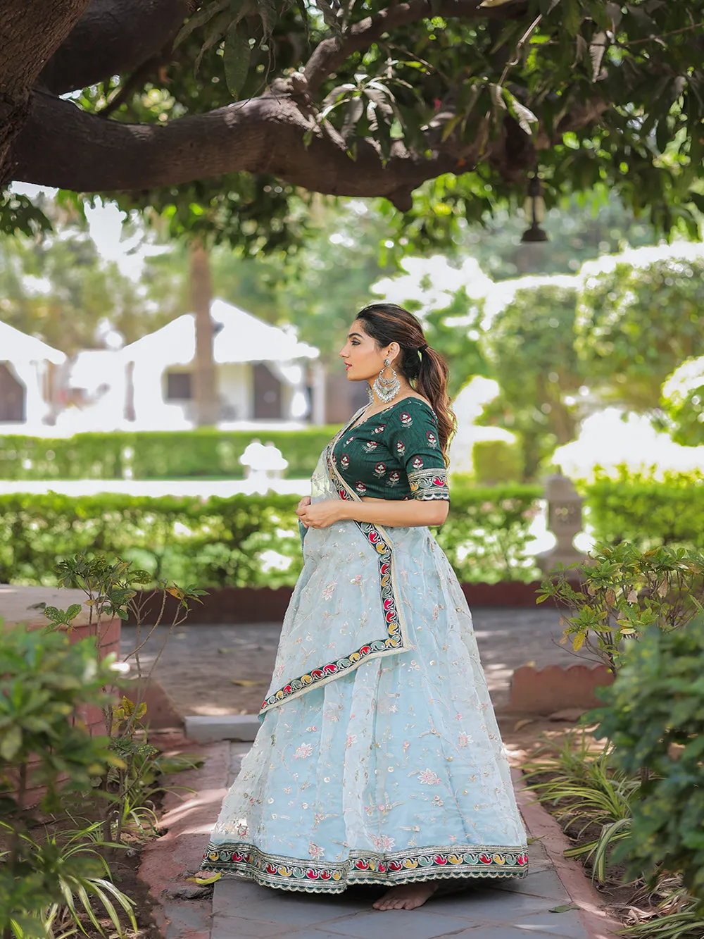 Sky Blue Color Thread Embroidery Work With Lace Border Organza Lehenga Choli