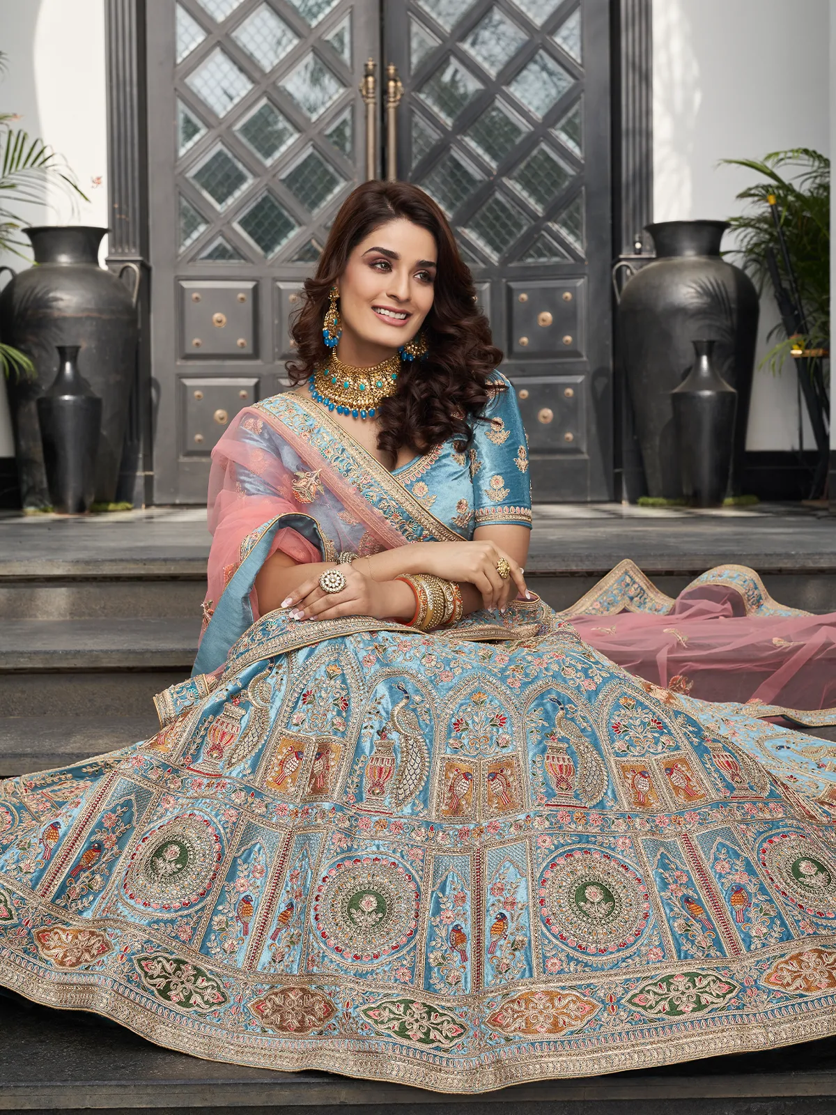 Sky Blue Velvet Semi Stitched Lehenga With Unstitched Blouse