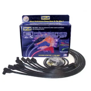 Taylor 8mm Pro "Race Fit" Wire Spark Plug Wire Set - Black - SB Chevy 262-400 - Spiro-Pro Conductor - 90 Plug Boots, Socket Style Distributor Cap - For Under Valve Cover Applications