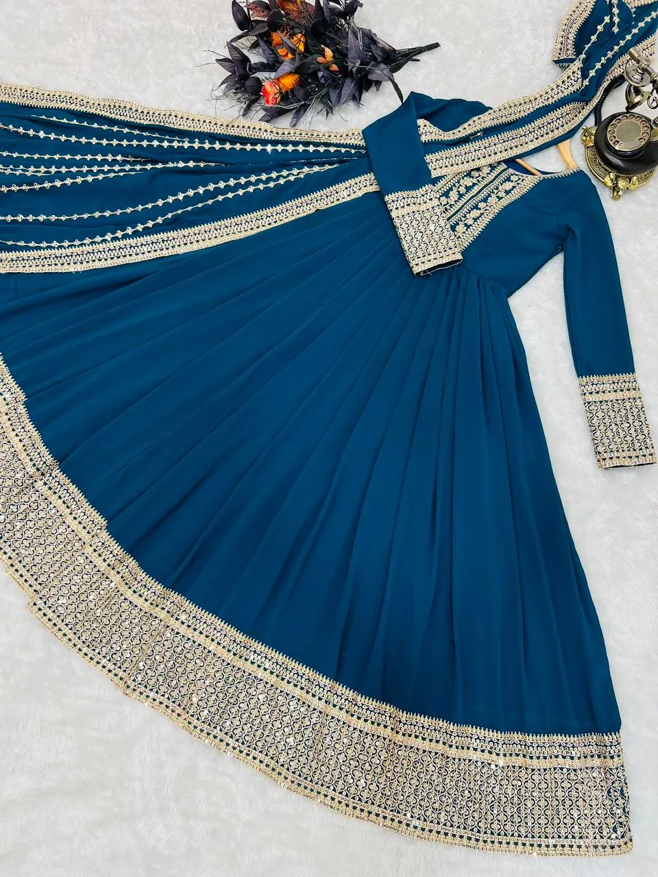 Teal Blue Anarkali Gown in Faux Georgette with Embroidery Work