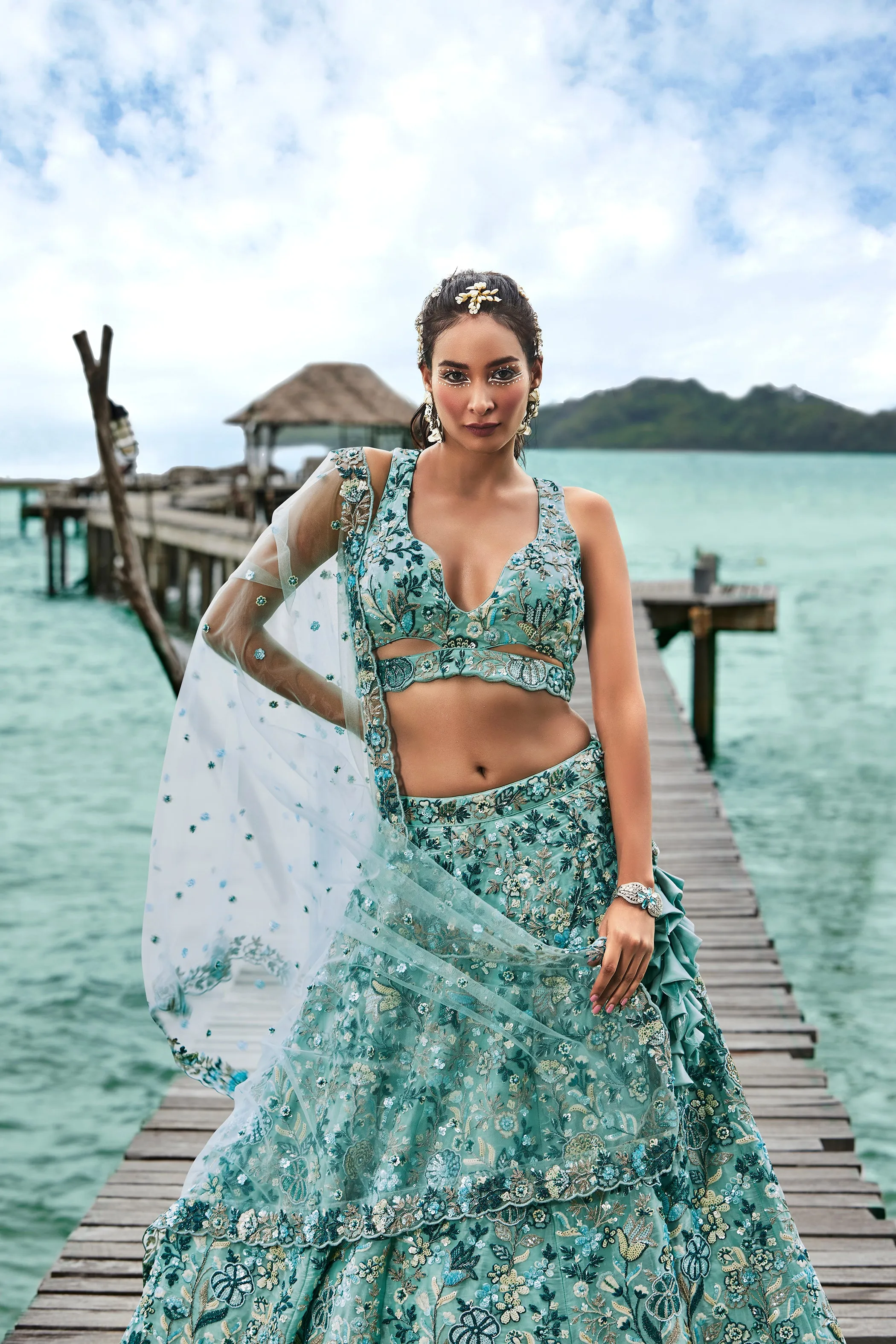 Turquoise blue Organza Sequins, Moti and thread embroidery Semi-Stitched Lehenga choli & Dupatta