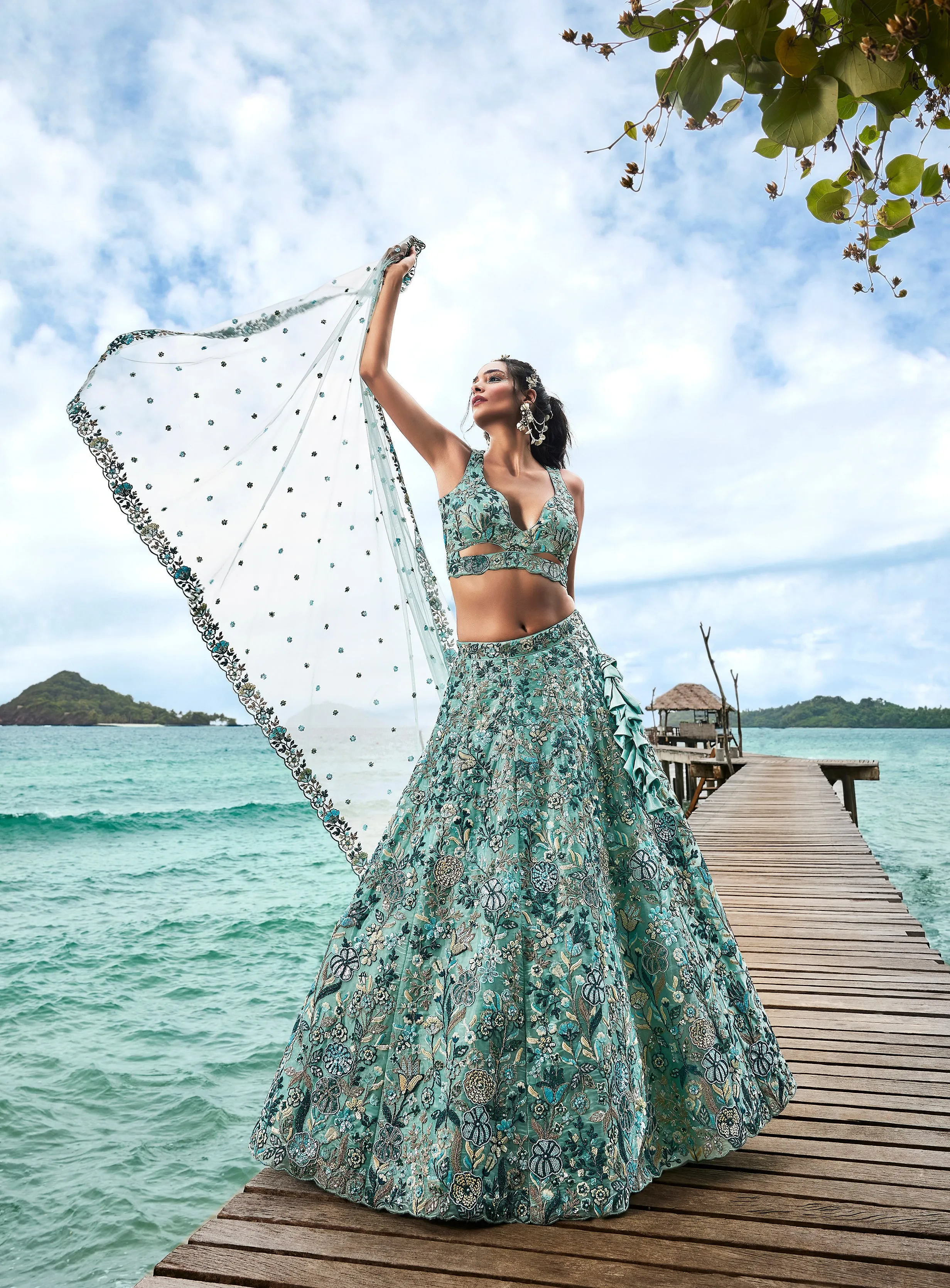 Turquoise blue Organza Sequins, Moti and thread embroidery Semi-Stitched Lehenga choli & Dupatta