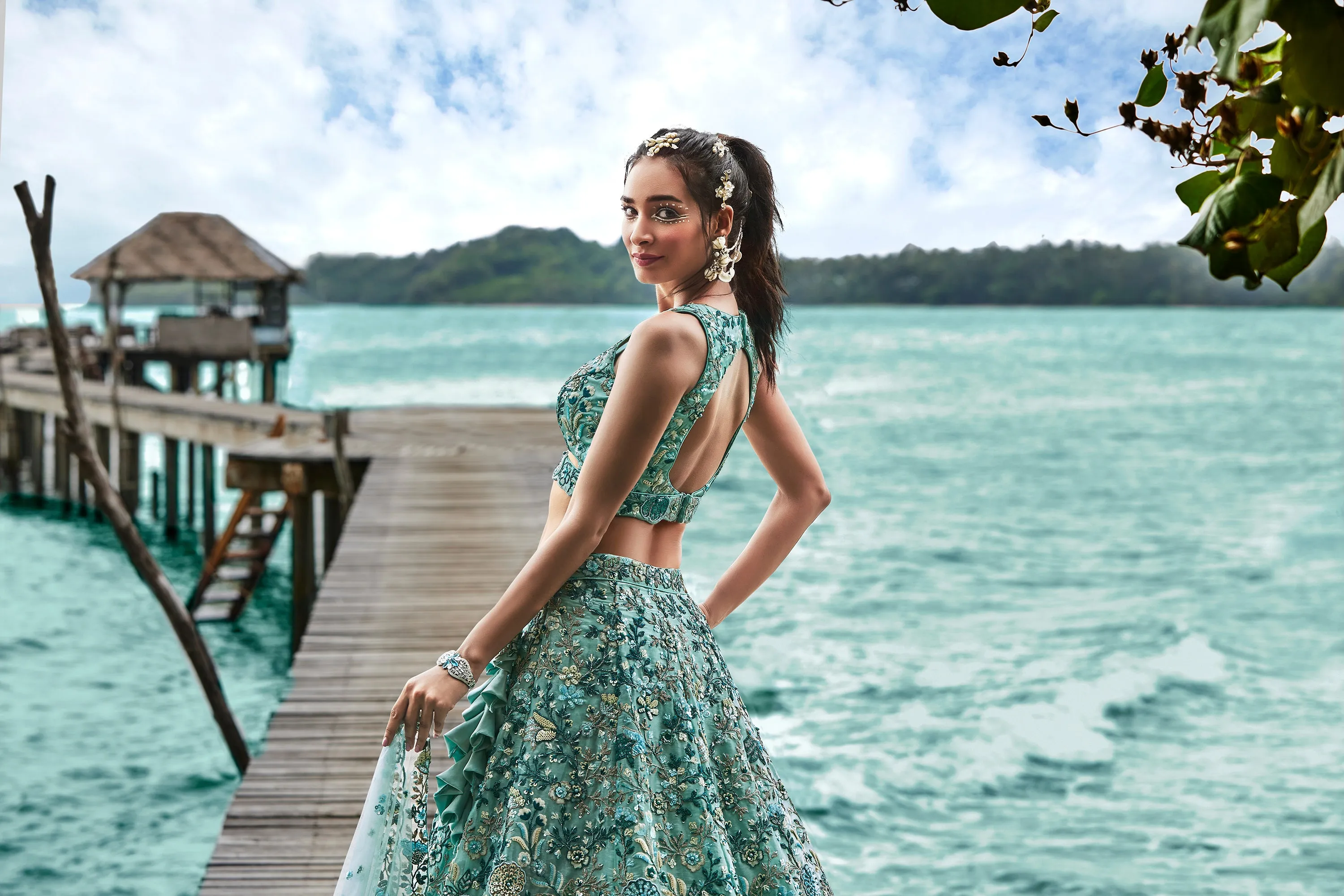 Turquoise blue Organza Sequins, Moti and thread embroidery Semi-Stitched Lehenga choli & Dupatta