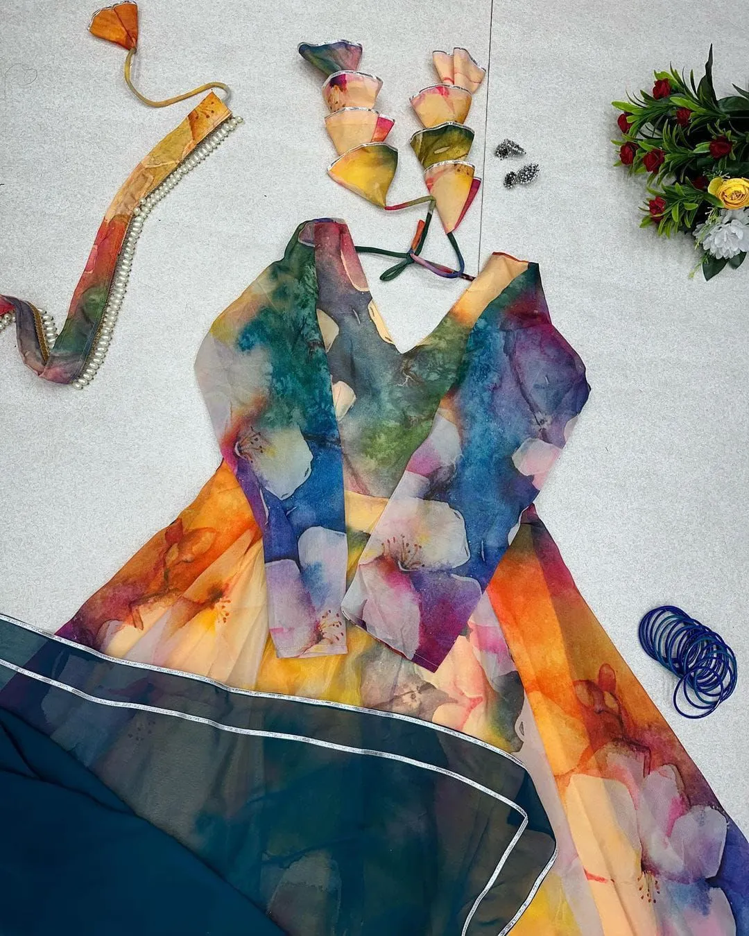 Unique Organza Silk Yellow With Multi Color Gown