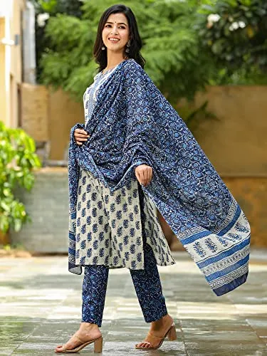 Vaamsi Women's Cotton Blend Floral Printed Straight Kurta Pant With Dupatta (VKSKD1026_Off-White_L)
