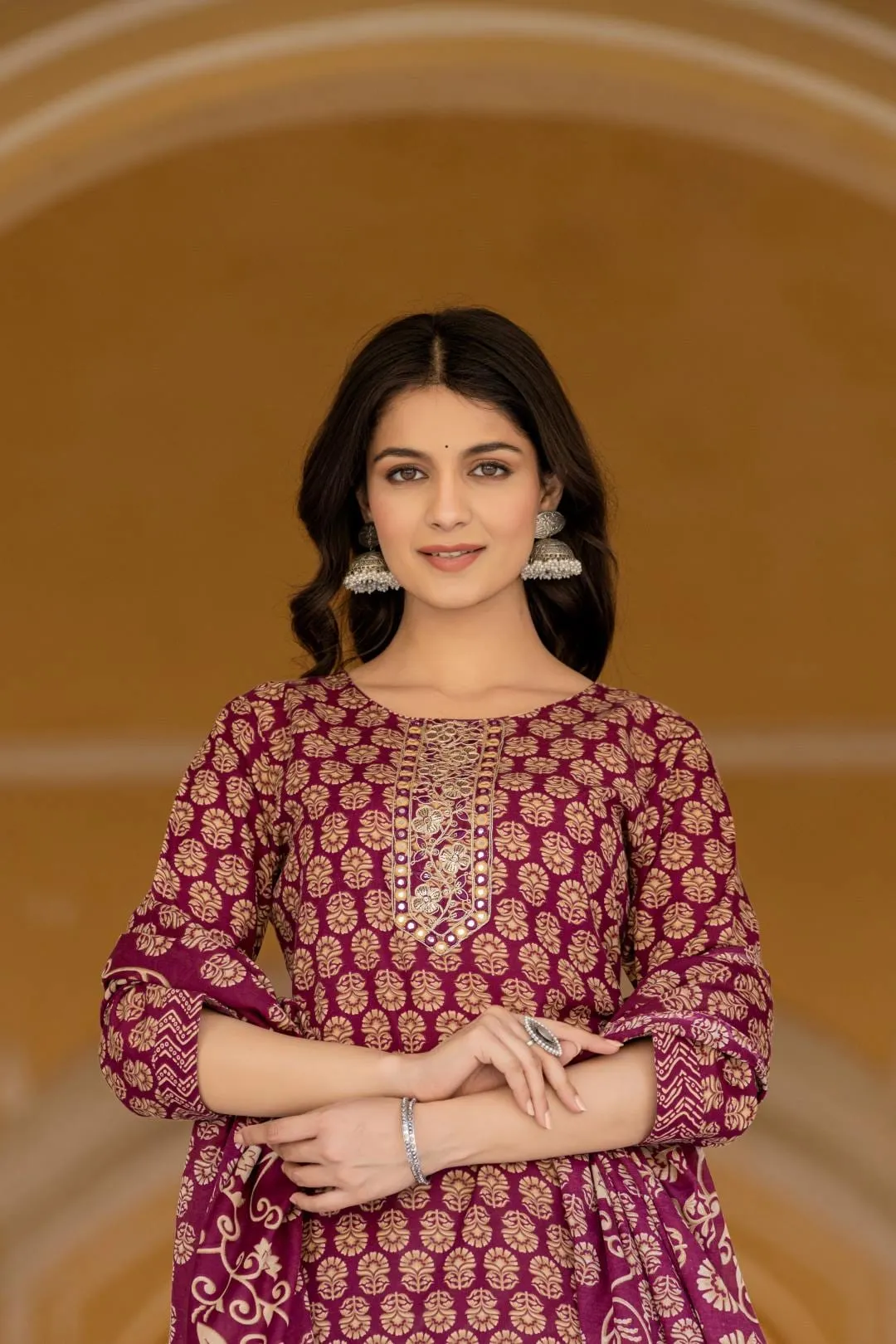 Varanga Women Printed Purple Round Neck Kurta With Printed Bottom And Dupatta