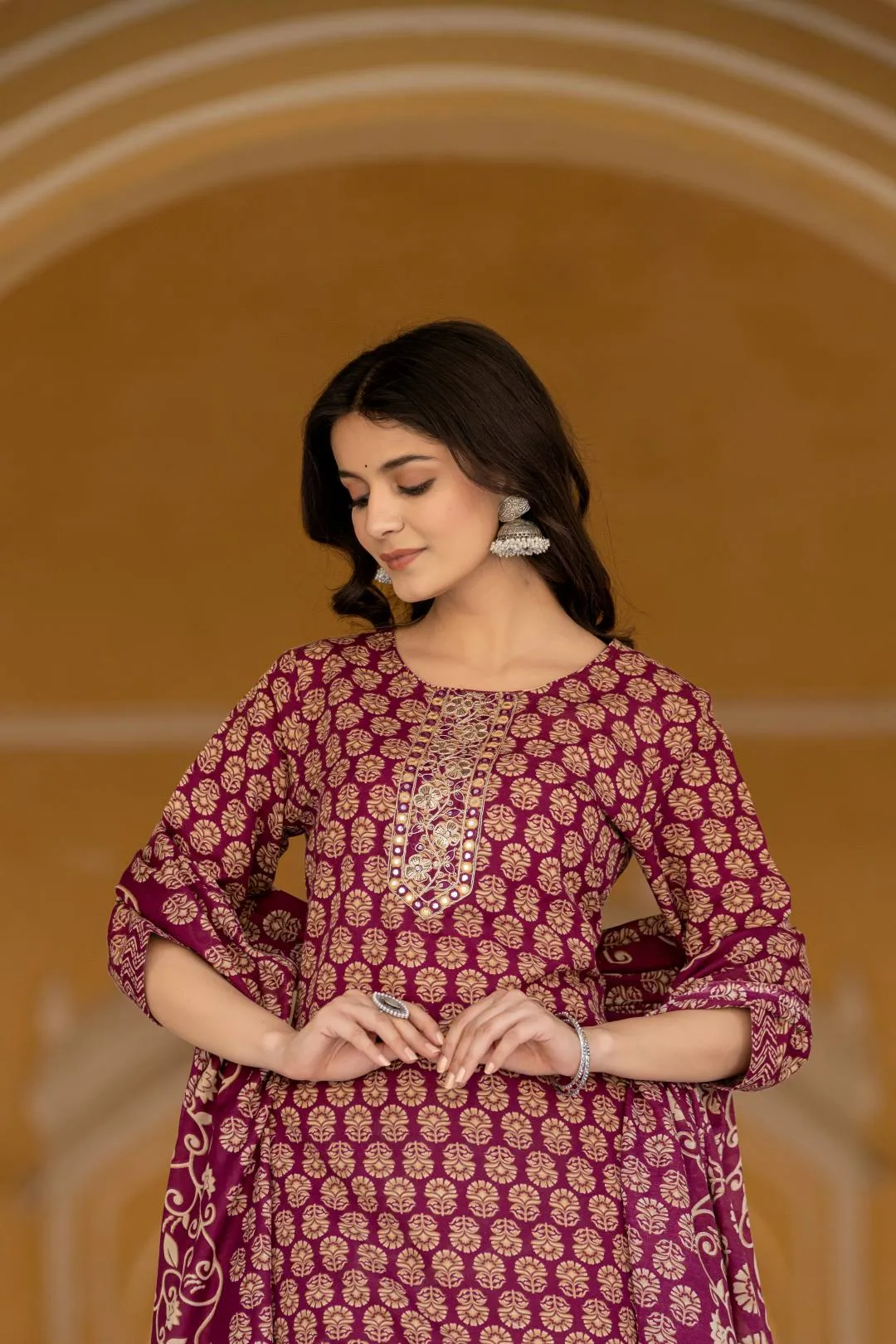 Varanga Women Printed Purple Round Neck Kurta With Printed Bottom And Dupatta