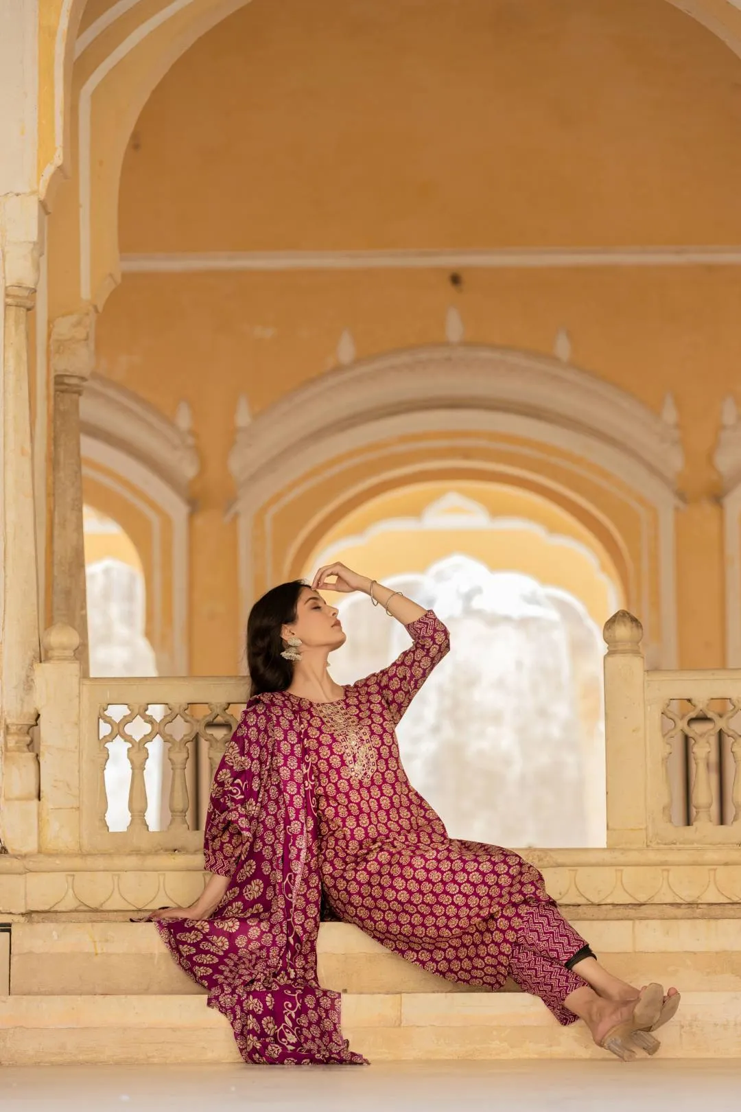 Varanga Women Printed Purple Round Neck Kurta With Printed Bottom And Dupatta
