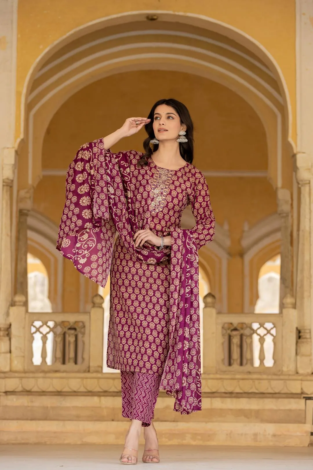 Varanga Women Printed Purple Round Neck Kurta With Printed Bottom And Dupatta