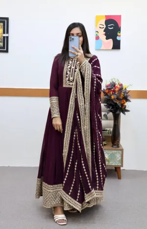 Wine Anarkali Gown in Faux Georgette with Embroidery Work