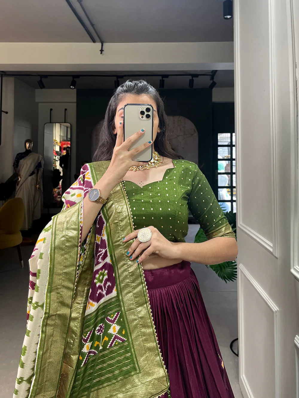 Wine Color Patola Print With Foil Work Tussar Silk Lehenga Choli