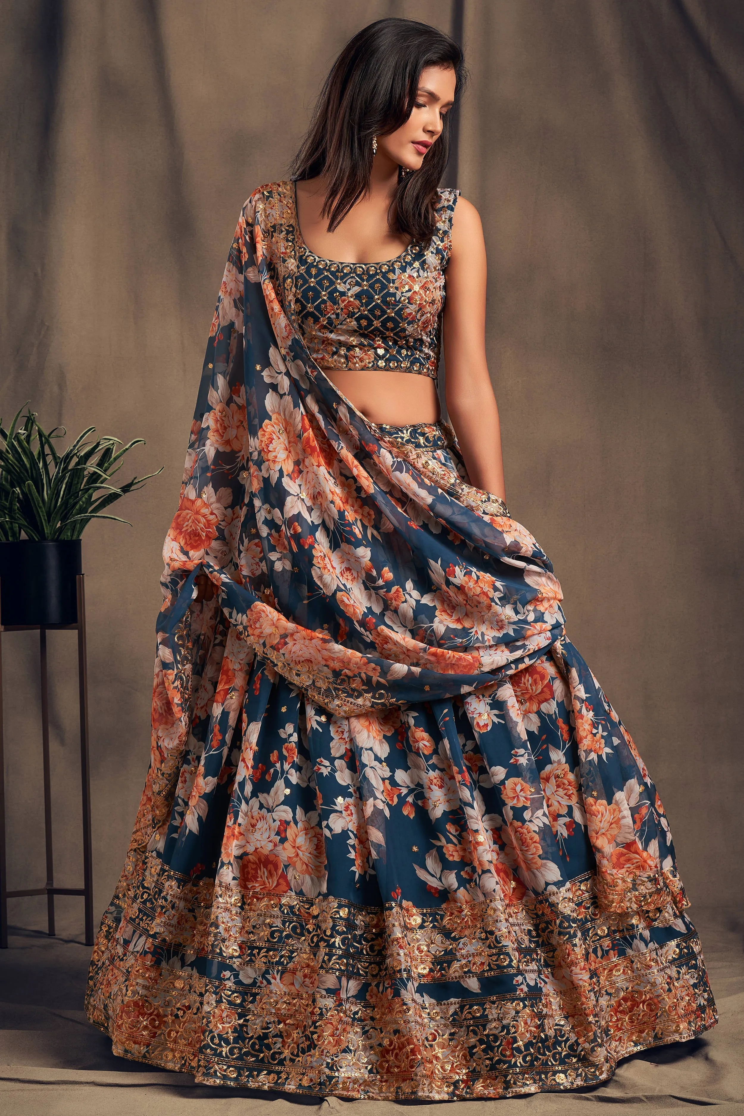 Winning Dove Blue Zari Embroidery Organza Occasional Wear Lehenga Choli