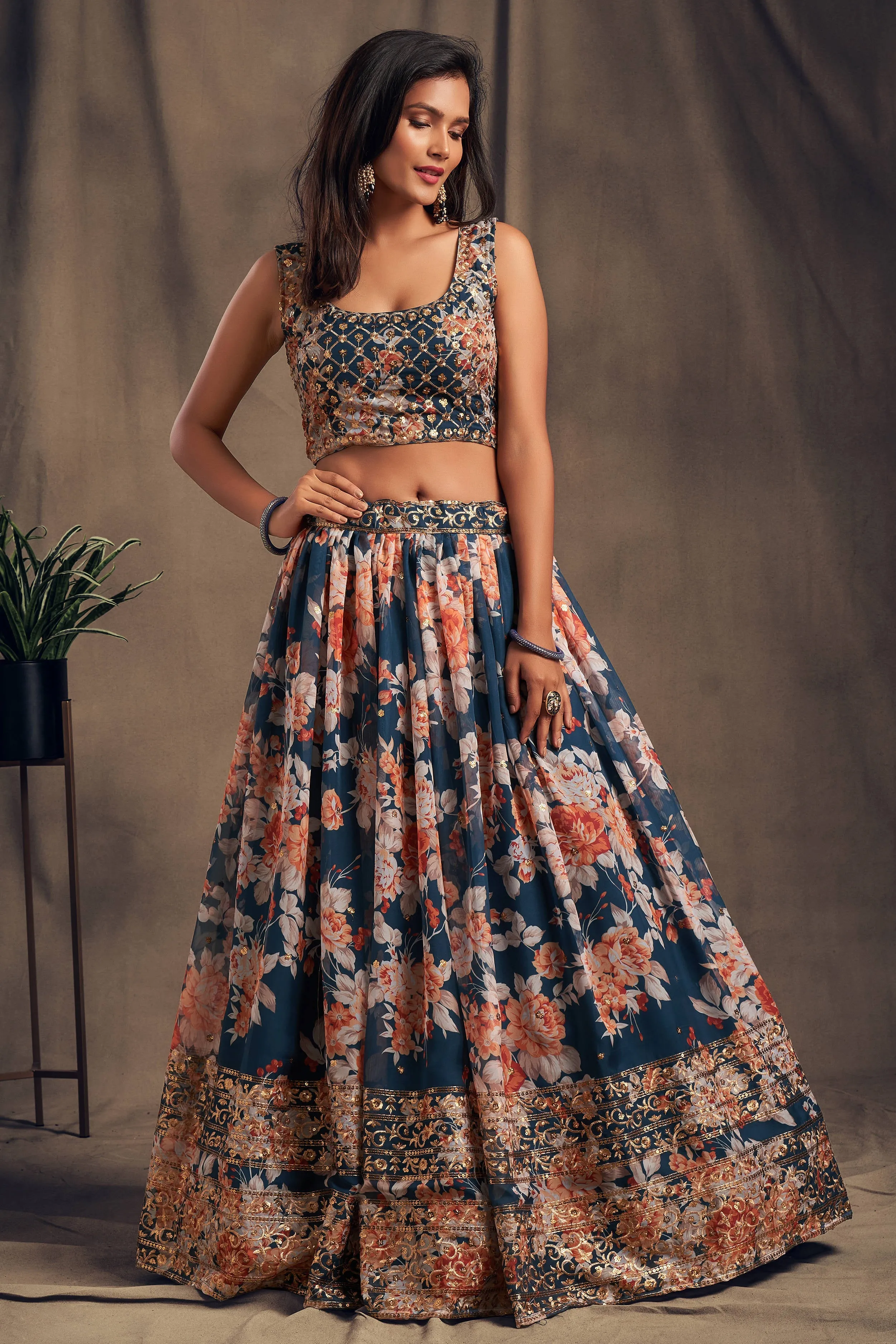Winning Dove Blue Zari Embroidery Organza Occasional Wear Lehenga Choli