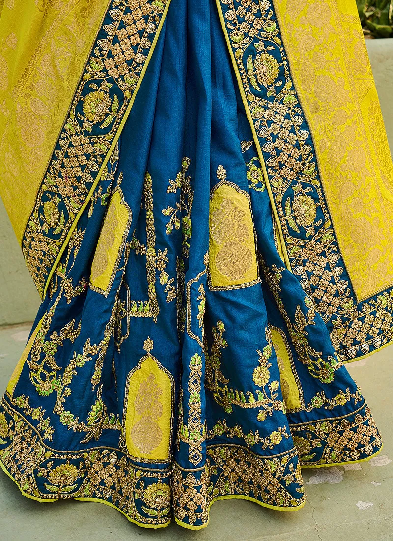 Yellow And Blue Embroidered Silk Saree