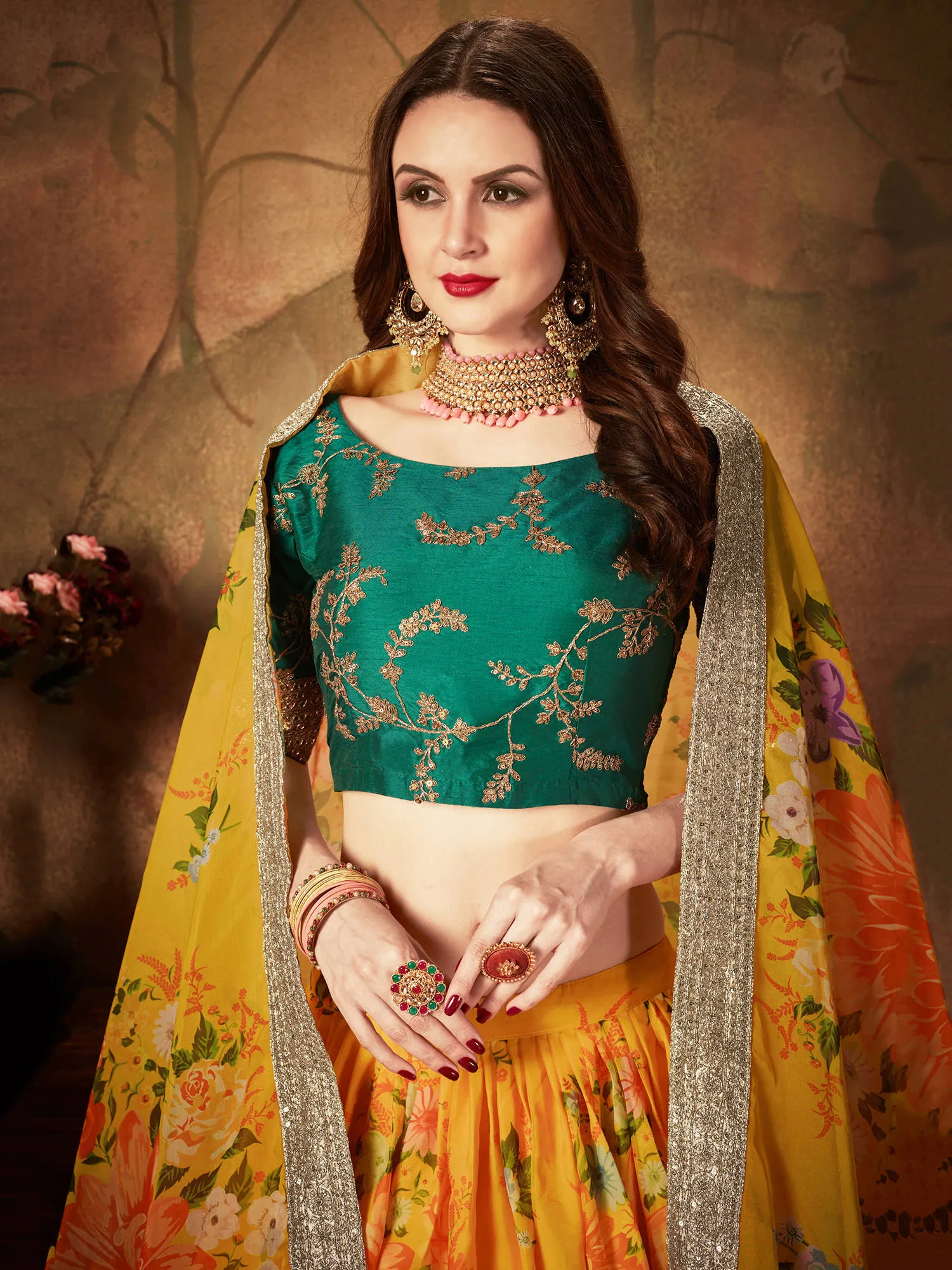Yellow-Green Floral Digital Printed Organza Bridal Lehenga Choli