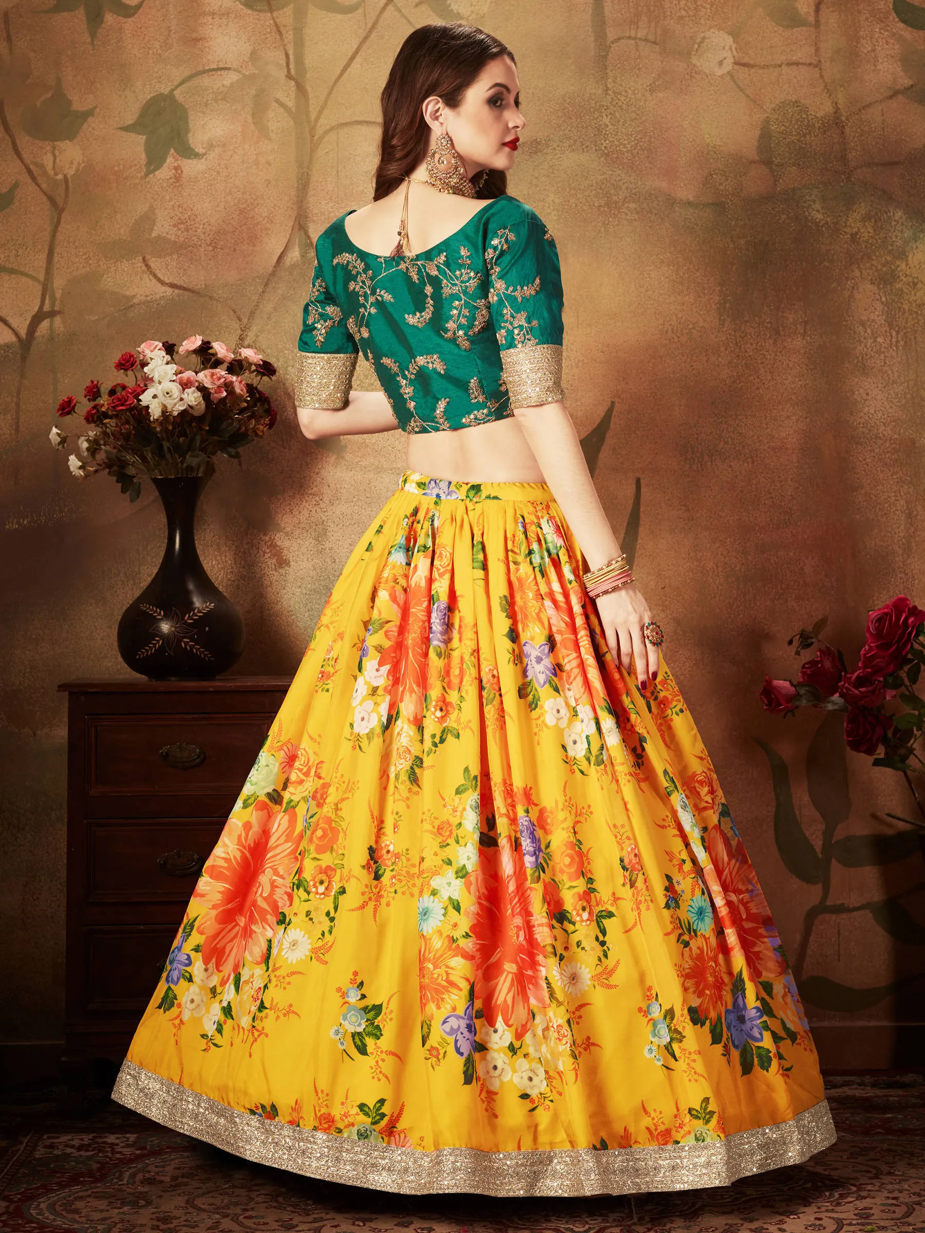 Yellow-Green Floral Digital Printed Organza Bridal Lehenga Choli